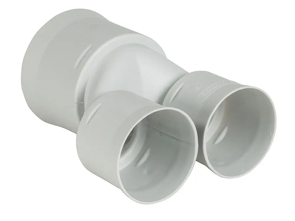 Adapter von Fränkische mit einem Hauptanschluss und zwei seitlichen Anschlüssen, alle in einer weißen Kunststoffausführung.